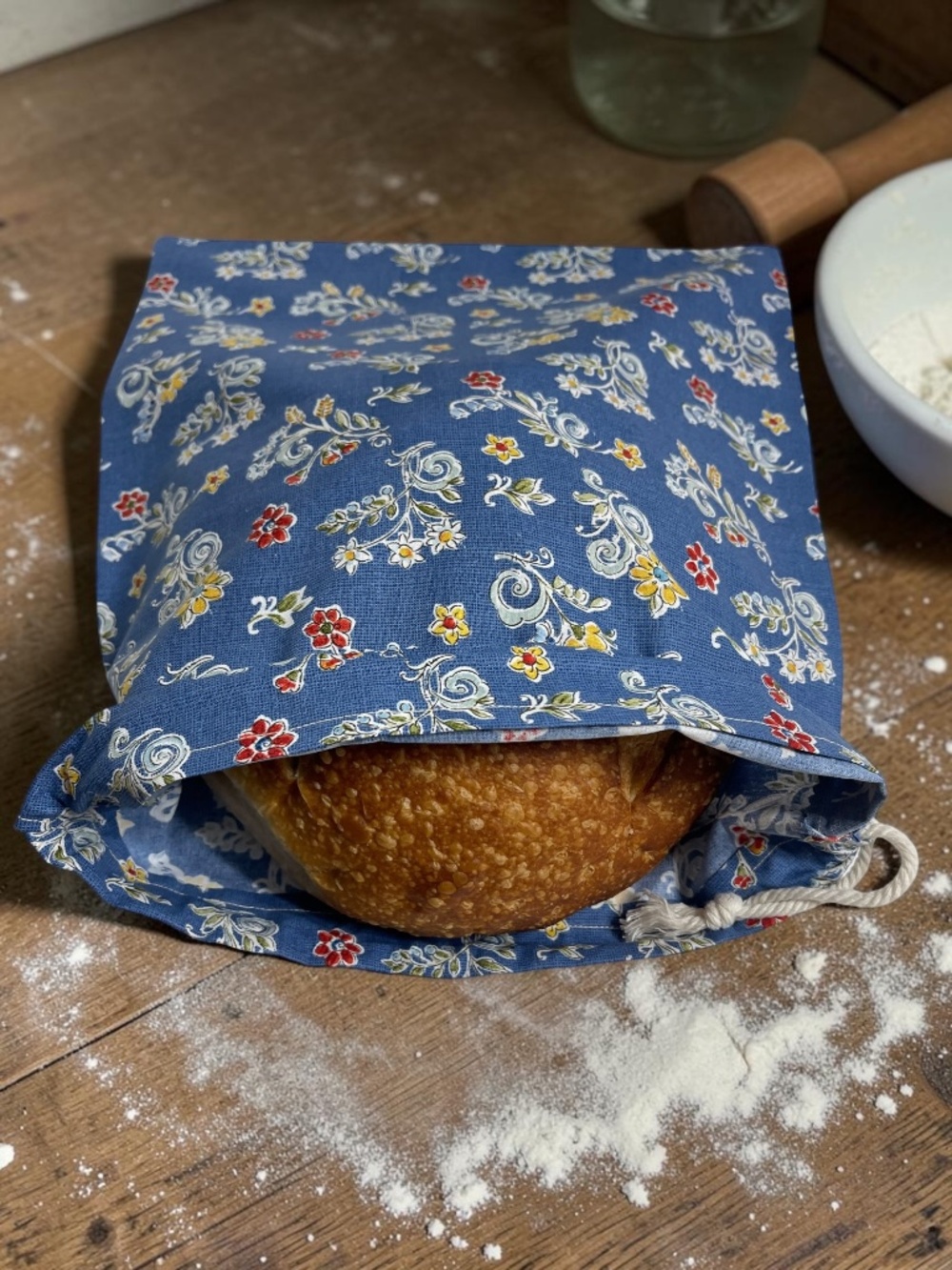 Periwinkle Floral Bread Bag, Reusable Drawstring Cotton Bread Storage Bag